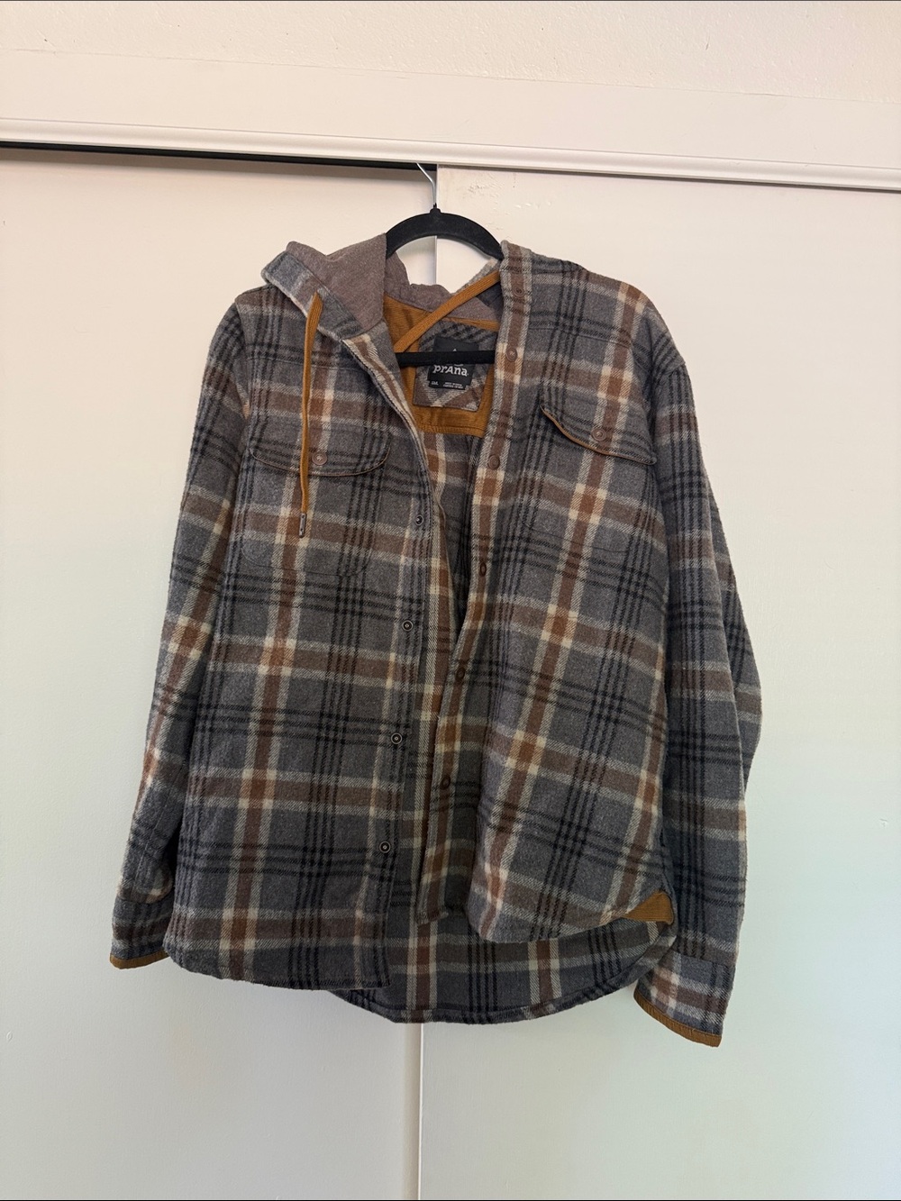 Prana Men's Gray & Brown Plaid Hooded Flannel Shirt Jacket